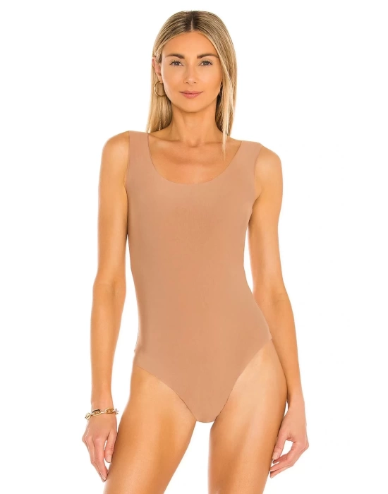bysoca Kadın Bej Kalın Askılı U Yaka Vücudu Saran Jarse Basic Bodysuit