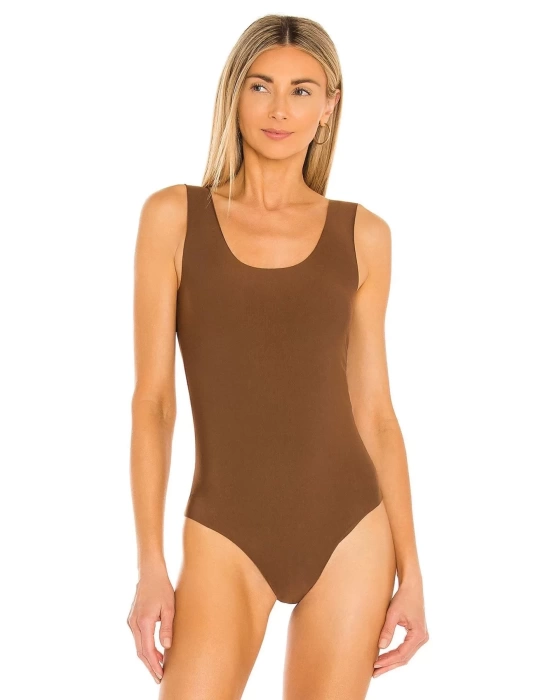 bysoca Kadın Kahverengi Kalın Askılı U Yaka Vücudu Saran Jarse Basic Bodysuit