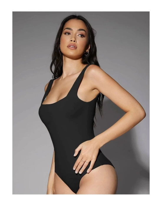bysoca Kadın Siyah Kalın Askılı Kare Yaka Sıfır Kol İpek Jarse Vücudu Saran Basic Bodysuit