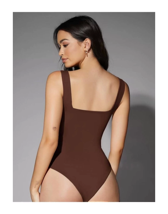 bysoca Kadın Kahverengi Kalın Askılı Kare Yaka Sıfır Kol İpek Jarse Vücudu Saran Basic Bodysuit