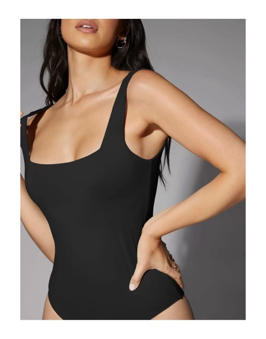 bysoca Kadın Siyah Kalın Askılı Kare Yaka Sıfır Kol İpek Jarse Vücudu Saran Basic Bodysuit