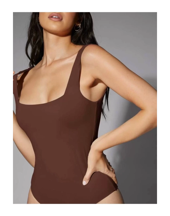 bysoca Kadın Kahverengi Kalın Askılı Kare Yaka Sıfır Kol İpek Jarse Vücudu Saran Basic Bodysuit