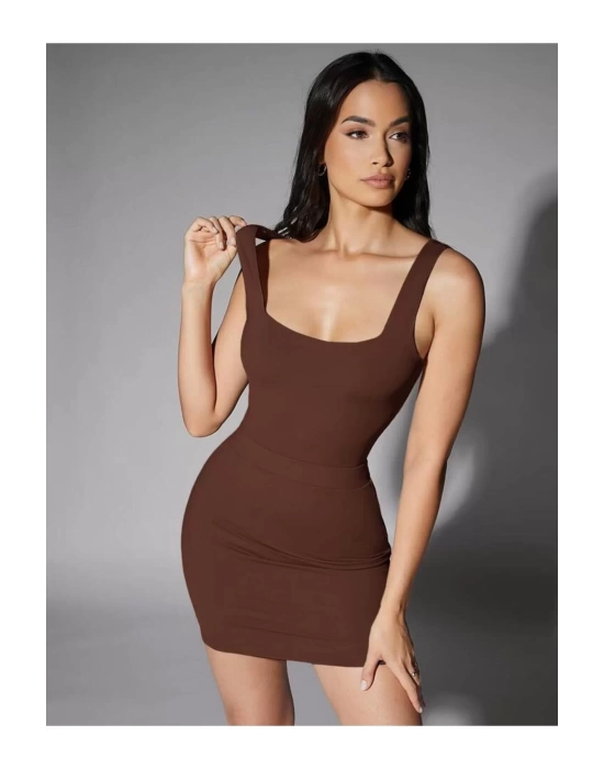 bysoca Kadın Kahverengi Kalın Askılı Kare Yaka Sıfır Kol İpek Jarse Vücudu Saran Basic Bodysuit