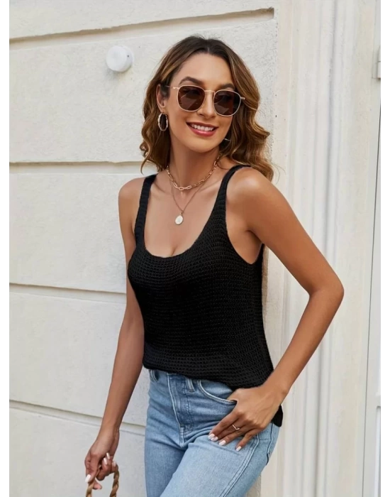 Kadın Sıfır Kol U Yaka Askılı Triko Bluz