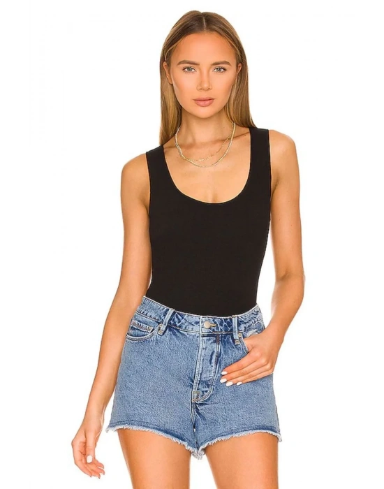 bysoca Kadın Siyah U Yaka Sıfır Kol Vücudu Saran Sandy Kumaş Basic Brazilian Bodysuit
