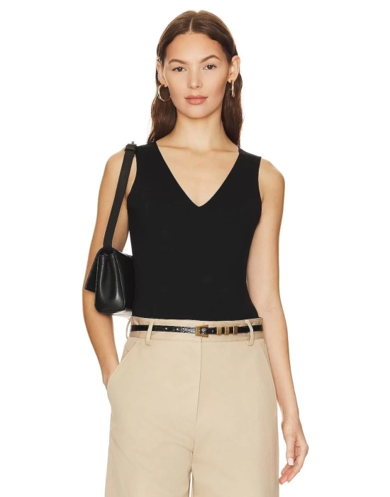 bysoca Kadın Siyah V Yaka Sıfır Kol Çift Kat Sandy Kumaş Vücudu Saran Tanga Basic Bodysuit