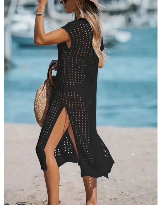 Kadın Sıfır Kol V Yaka Yanı Derin Yırtmaçlı Midi Boy Triko Elbise