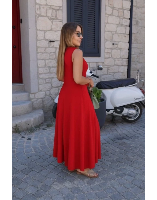bysoca Kadın Basic Kolsuz Bisiklet Yaka Salaş Kesim Dökümlü Uzun Maxi Boy Viskon Elbise - Kırmızı