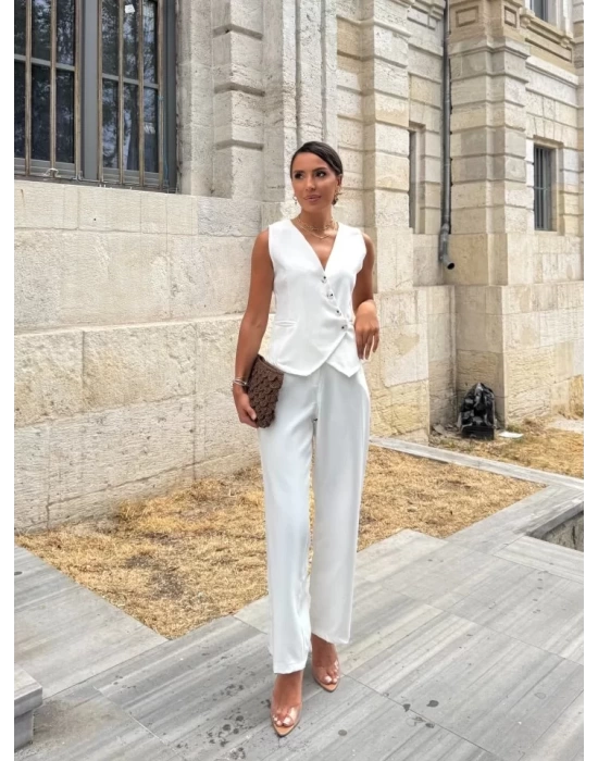 Kadın Sıfır Kollu çapraz V Yakalı önden Düğmeli Atlas Yelek Ve Pantolon Ikili Takım