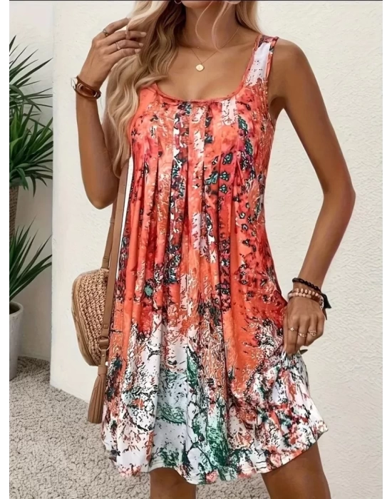 Kadın Sıfır Kollu Kare Yaka önden Pileli Salaş Süprem Elbise