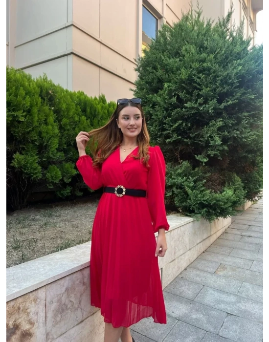 bysoca Kadın Uzun Kollu Kruvaze Yaka Piliseli Etekli Astarlı Midi Şifon Davet Elbisesi - Kırmızı