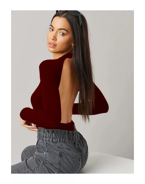 bysoca Kadın Bordo Sırt Dekolteli Bisiklet Yaka Uzun Kollu İpek Jarse Bodysuit
