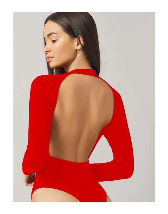 bysoca Kadın Kırmızı Sırt Dekolteli Bisiklet Yaka Uzun Kollu İpek Jarse Bodysuit