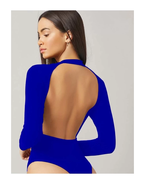 bysoca Kadın Mavi Sırt Dekolteli Bisiklet Yaka Uzun Kollu İpek Jarse Bodysuit