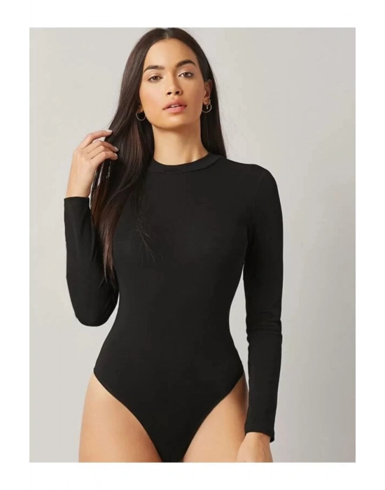 bysoca Kadın Siyah Sırt Dekolteli Bisiklet Yaka Uzun Kollu İpek Jarse Bodysuit