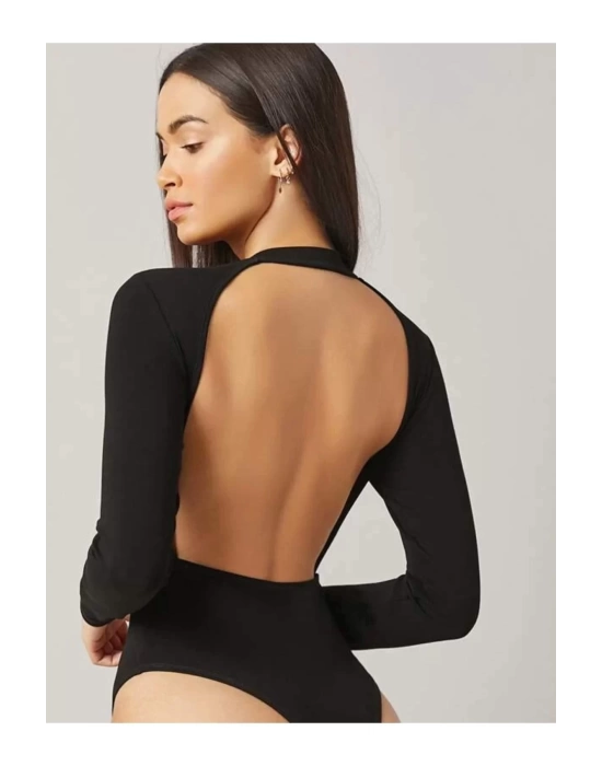 bysoca Kadın Siyah Sırt Dekolteli Bisiklet Yaka Uzun Kollu İpek Jarse Bodysuit