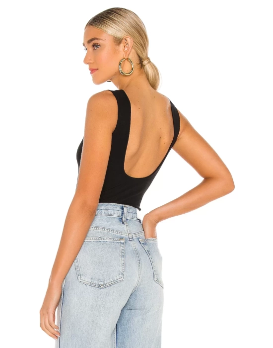 bysoca Kadın Siyah Sırt Dekolteli Kayık Yaka Sıfır Kol Vücudu Saran Basic Bodysuit