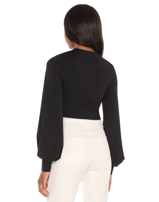 Kadın Siyah Balon Kesim Uzun Kol İpek Jarse Crop Top