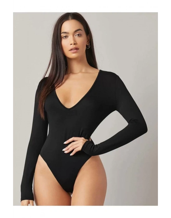Kadın Siyah Derin V Yaka Ipek Jarse Bodysuit