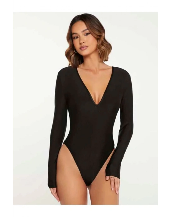 bysoca Kadın Siyah Derin V Yaka Uzun Kollu Vücudu Saran Sandy Kumaş Basic Bodysuit