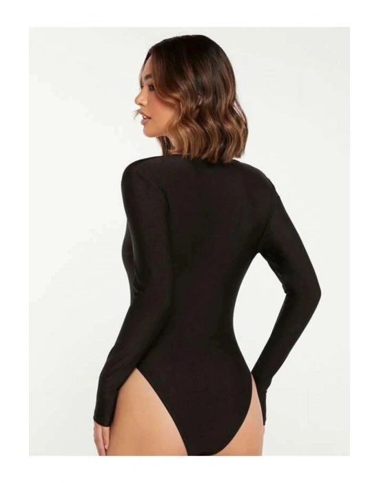 bysoca Kadın Siyah Derin V Yaka Uzun Kollu Vücudu Saran Sandy Kumaş Basic Bodysuit