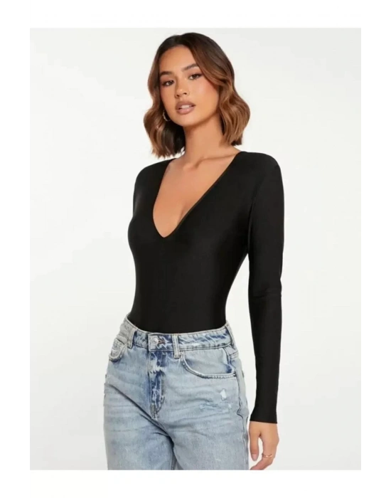 bysoca Kadın Siyah Derin V Yaka Uzun Kollu Vücudu Saran Sandy Kumaş Basic Bodysuit