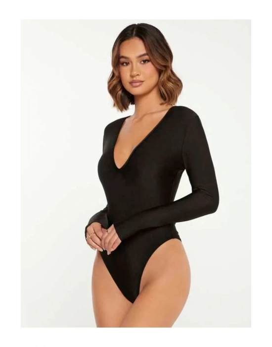 bysoca Kadın Siyah Derin V Yaka Uzun Kollu Vücudu Saran Sandy Kumaş Basic Bodysuit