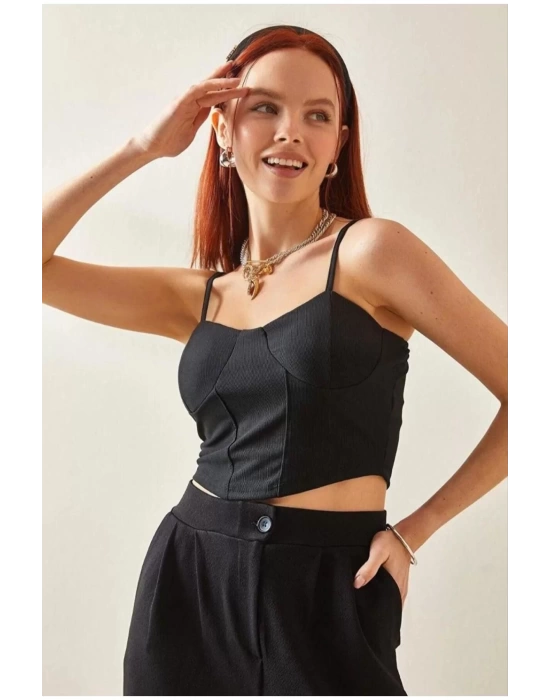 Kadın Siyah Ip Askılı Büstiyer Crop