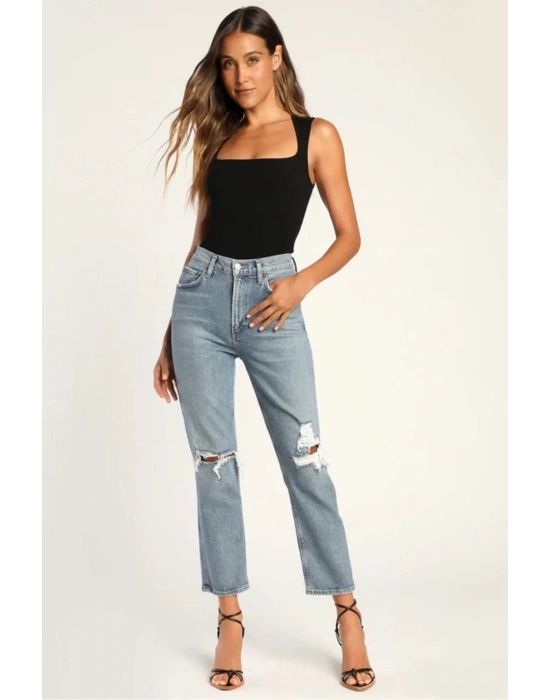 bysoca Kadın Siyah Kare Yaka Kalın Askılı Vücudu Saran Fitilli Kaşkorse Tanga Basic Bodysuit