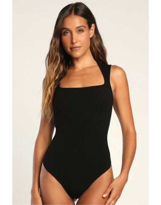 bysoca Kadın Siyah Kare Yaka Kalın Askılı Vücudu Saran Fitilli Kaşkorse Tanga Basic Bodysuit