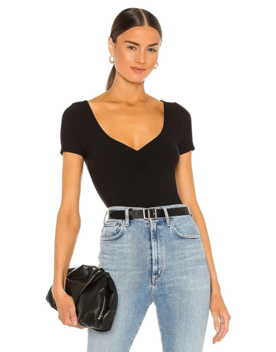 Kadın Siyah Kısa Kol Ipek Jarse Bodysuit