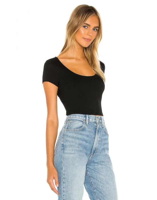 Kadın Siyah Kısa Kol U Yaka Ipek Jarse Crop Top