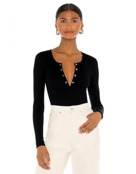 bysoca Kadın Siyah Önü Çıtçıtlı U Yaka Uzun Kollu Fitilli Çift Kat Kaşkorse Tanga Bodysuit