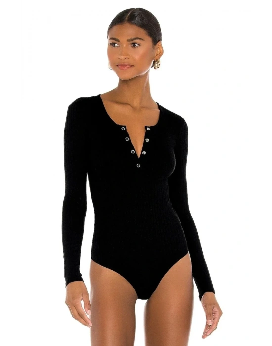 bysoca Kadın Siyah Önü Çıtçıtlı U Yaka Uzun Kollu Fitilli Çift Kat Kaşkorse Tanga Bodysuit