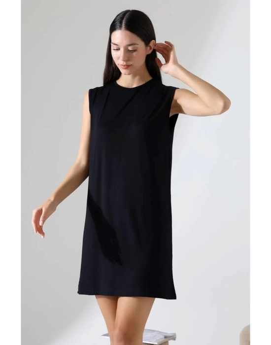 bysoca Kadın Siyah Oversize Vatka Detaylı Kolsuz Bisiklet Yaka Basic Viskon Tunik Elbise