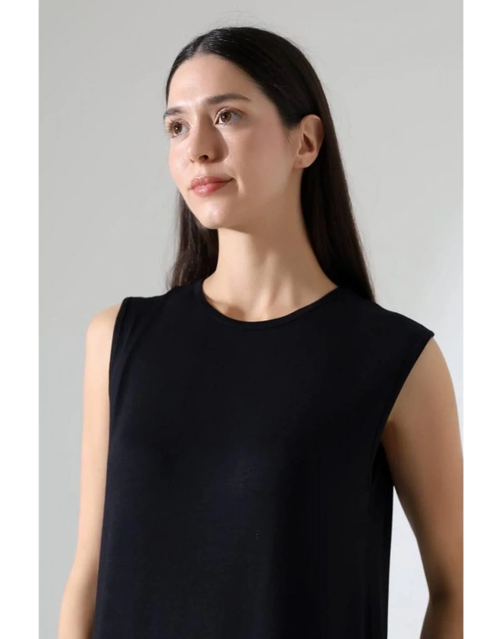 bysoca Kadın Siyah Oversize Sıfır Kol Bisiklet Yaka Uzun Maxi Basic Viskon Jile Elbise Tunik İçlik