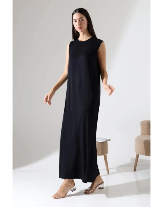 bysoca Kadın Siyah Oversize Sıfır Kol Bisiklet Yaka Uzun Maxi Basic Viskon Jile Elbise Tunik İçlik