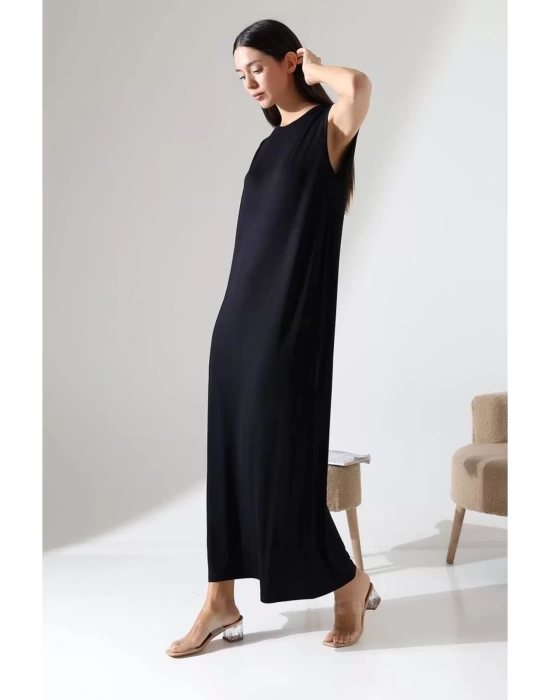 bysoca Kadın Siyah Oversize Sıfır Kol Bisiklet Yaka Uzun Maxi Basic Viskon Jile Elbise Tunik İçlik