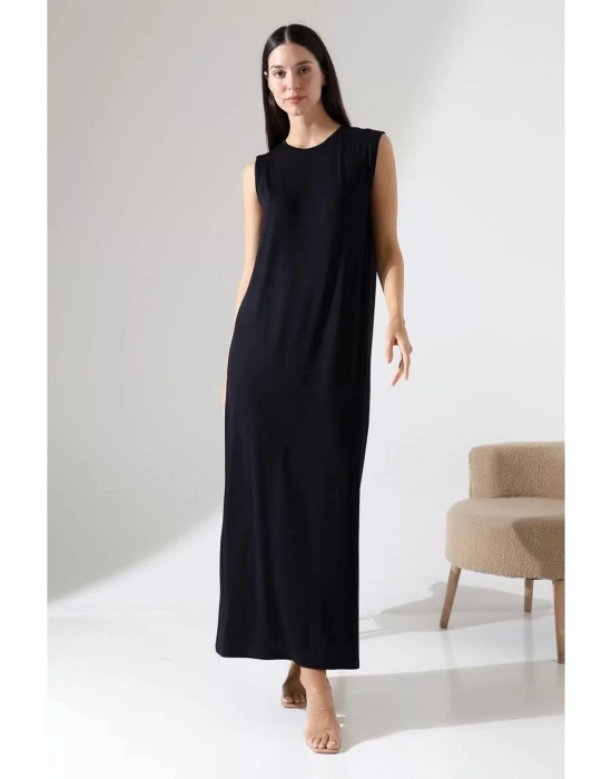 bysoca Kadın Siyah Oversize Sıfır Kol Bisiklet Yaka Uzun Maxi Basic Viskon Jile Elbise Tunik İçlik