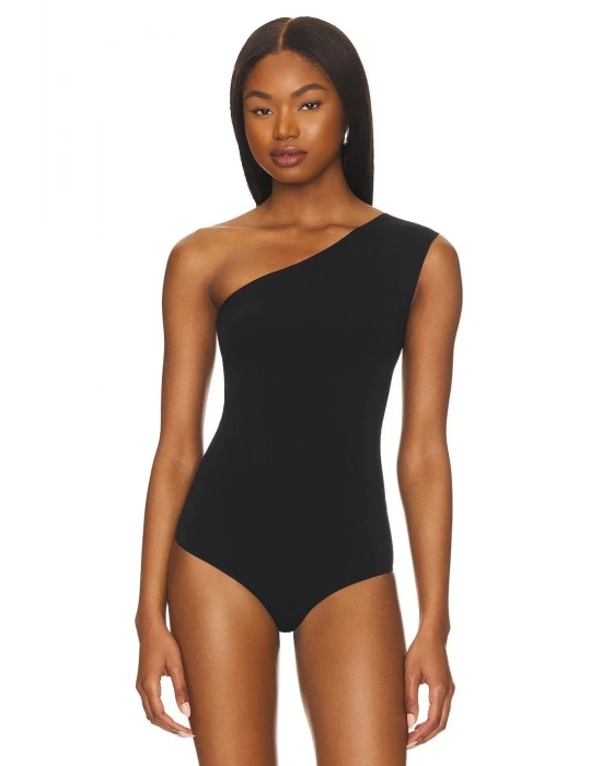 bysoca Kadın Siyah Asimetrik Tek Omuz Sıfır Kol Çift Kat Sandy Kumaş Tanga Bodysuit