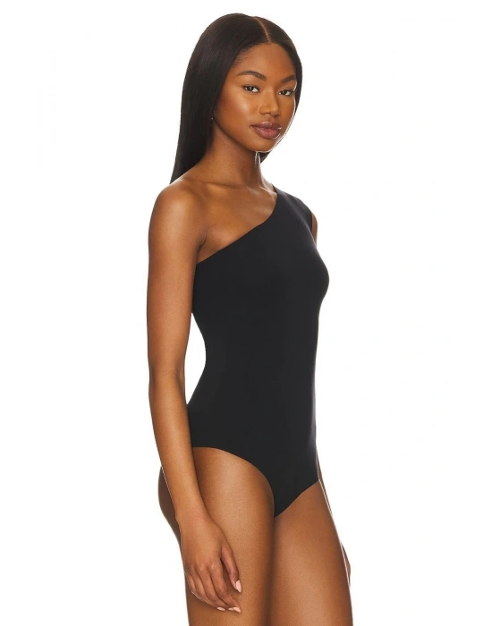 bysoca Kadın Siyah Asimetrik Tek Omuz Sıfır Kol Çift Kat Sandy Kumaş Tanga Bodysuit