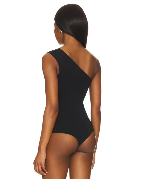 bysoca Kadın Siyah Asimetrik Tek Omuz Sıfır Kol Çift Kat Sandy Kumaş Tanga Bodysuit