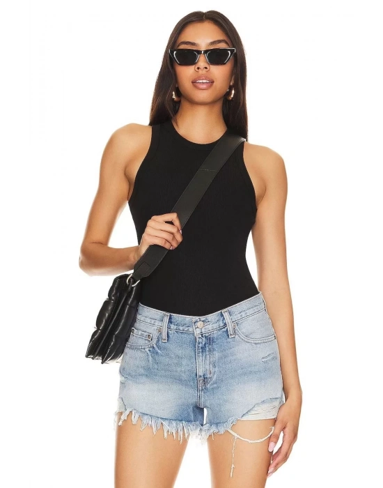bysoca Kadın Siyah Yüksek Yaka Sırtı Amerikan Kesim Çift Kat Sandy Kumaş Tanga Basic Bodysuit