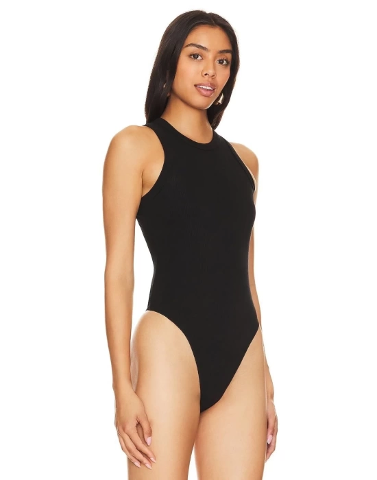 bysoca Kadın Siyah Yüksek Yaka Sırtı Amerikan Kesim Çift Kat Sandy Kumaş Tanga Basic Bodysuit