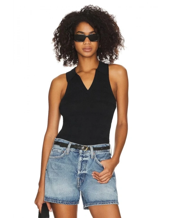 bysoca Kadın Siyah Gömlek Yaka V Yaka Sıfır Kol Sandy Kumaş Tanga Basic Bodysuit