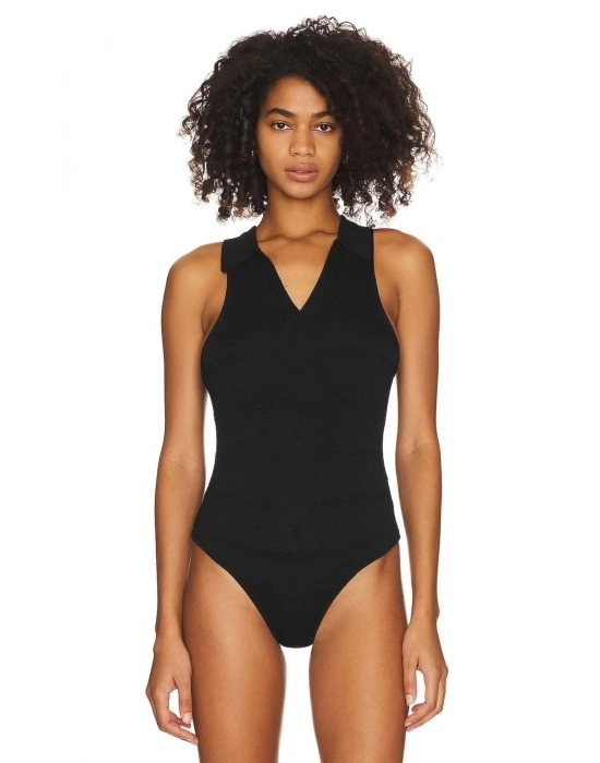 bysoca Kadın Siyah Gömlek Yaka V Yaka Sıfır Kol Sandy Kumaş Tanga Basic Bodysuit