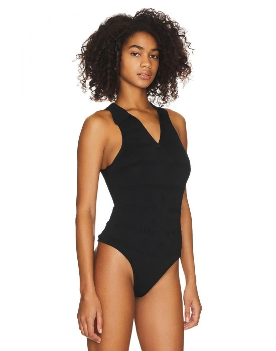 bysoca Kadın Siyah Gömlek Yaka V Yaka Sıfır Kol Sandy Kumaş Tanga Basic Bodysuit