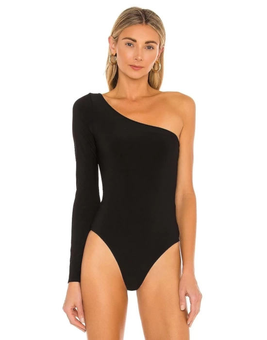 Kadın Siyah Tek Omuz Dekolteli Ipek Jarse Bodysuit