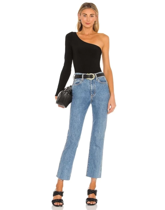 Kadın Siyah Tek Omuz Dekolteli Ipek Jarse Bodysuit