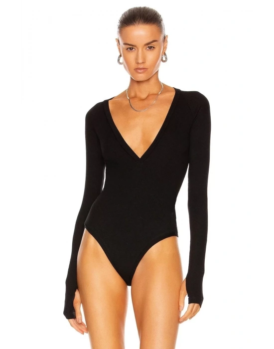 Kadın Siyah Uzun Kollu Ipek Jarse Bodysuit